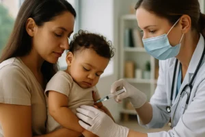 Uma profissional de saúde usando máscara e luvas aplica uma vacina no braço de um bebê de colo com cabelos cacheados, que está no colo da mãe. A mãe, com expressão tranquila, segura a criança com carinho. A cena ocorre em um consultório médico bem iluminado, com prateleiras e plantas ao fundo.