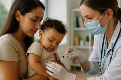 Uma profissional de saúde usando máscara e luvas aplica uma vacina no braço de um bebê de colo com cabelos cacheados, que está no colo da mãe. A mãe, com expressão tranquila, segura a criança com carinho. A cena ocorre em um consultório médico bem iluminado, com prateleiras e plantas ao fundo.