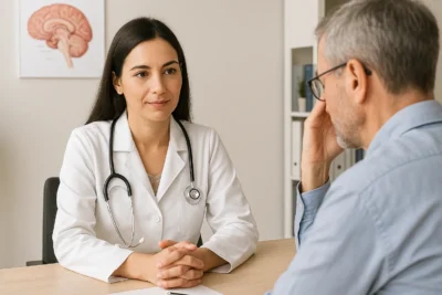 Consulta entre neurologista e paciente idoso em consultório, com escuta atenta e ambiente profissional, simbolizando cuidado especializado em neurologia.